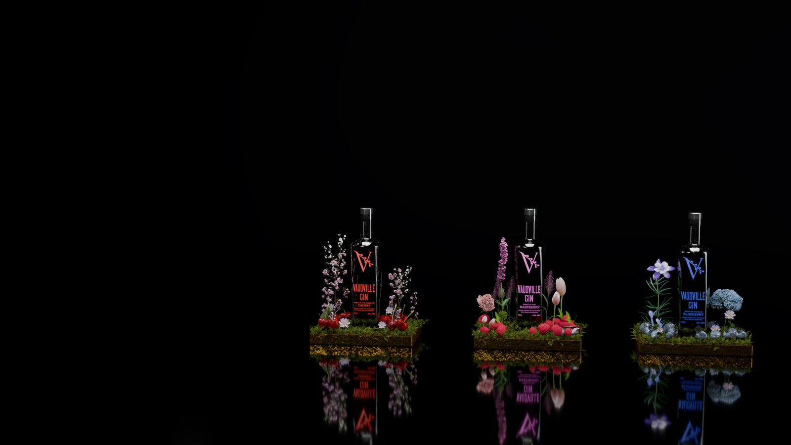 Vaudville Cherry, Raspberry and Blueberry gin bottles with botanicals